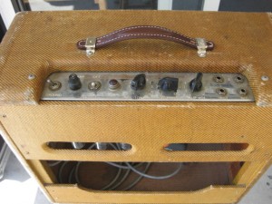 March of 1961 Fender Deluxe control panel.